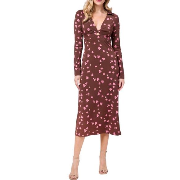 New WAYF Remember MeV-Neck Long Sleeve Floral Brown  Midi Dress Medium - Picture 1 of 15